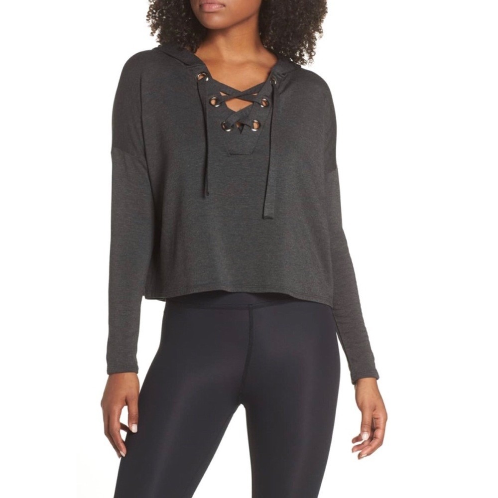 Beyond Yoga Over Tied Cropped Hoodie XS Charcoal Modal Sweatshirt Oversized USA